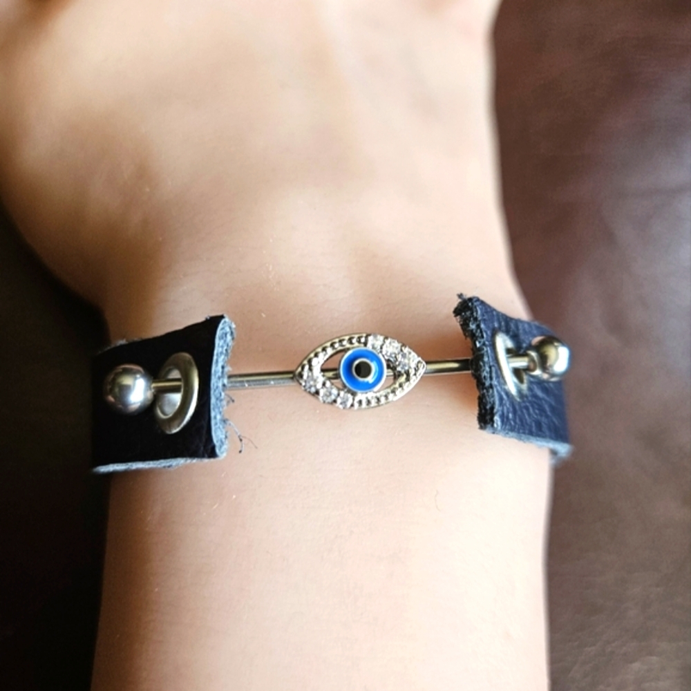 Minimalist Barbell Evil Eye Leather Bracelet